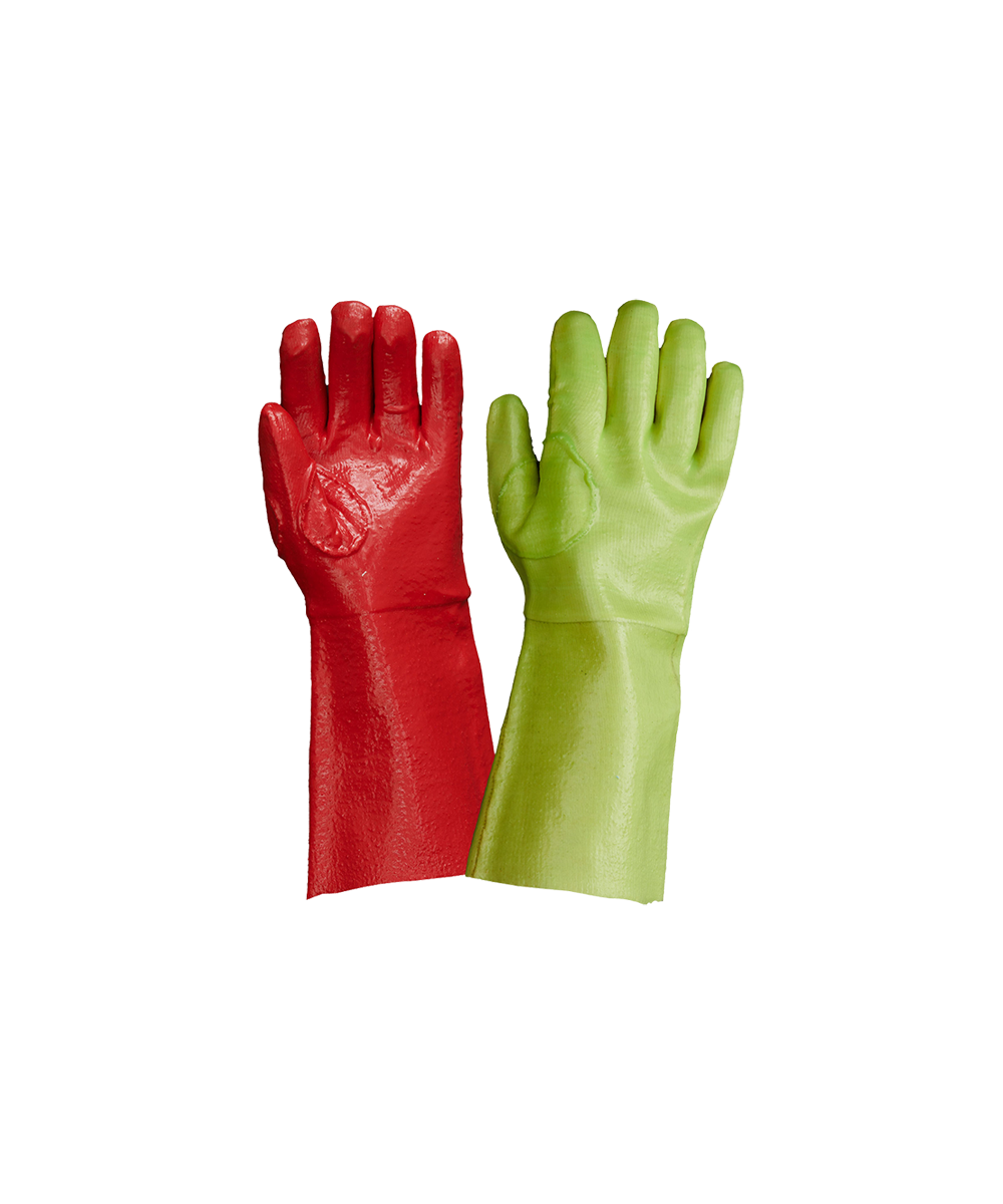 JAVLIN PVC RED LEFT HAND, GREEN RIGHT HAND, REINFORCED ELBOW LENGTH MINERS 35CM