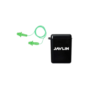 JAVLIN 3 FLANGE MUSHROOM REUSABLE EAR PLUGS GREEN PLUG, GREEN CORD, IN BOX CONTAINER
